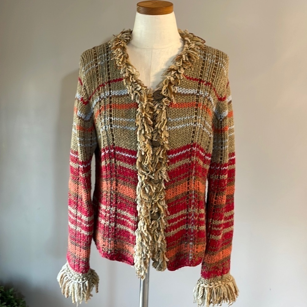 Susan Bristol vintage cable knit loop button down cardigan sweater yarn fringe M